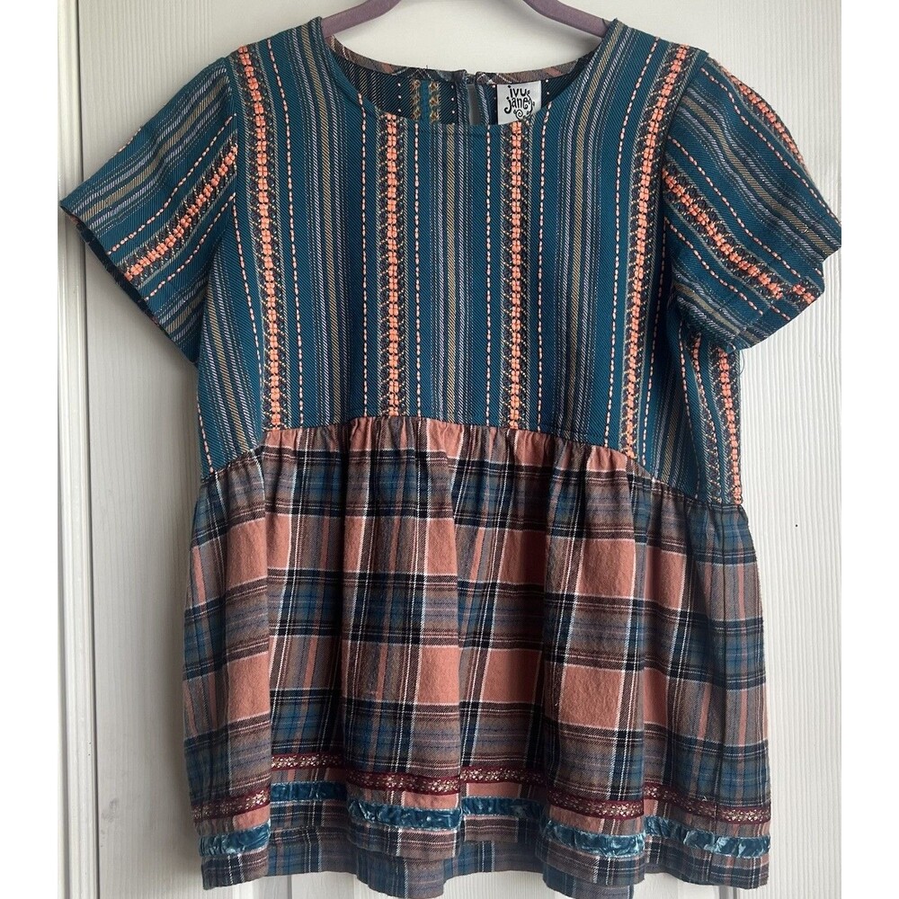 Ivy Jane Top Womens  S Teal Orange Plaid Embroidered Pullover Short Sleeve Boho